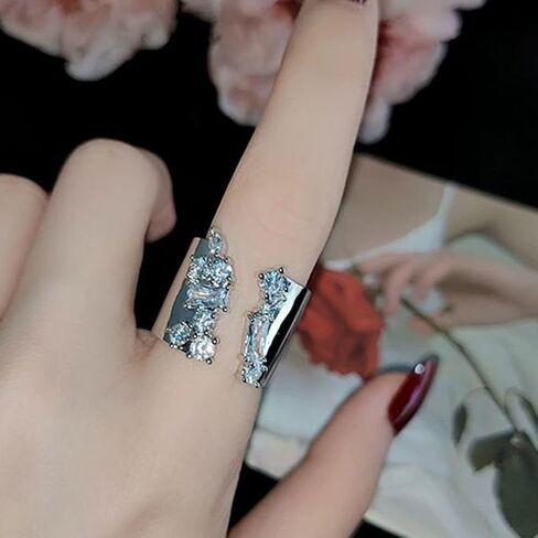 Silver Tone Wide Band Ring for Men Women, Asymmetric Cubic Zirconia Cluster Statement Ring, Adjustable Open Band Street Fashion Jewelry in Saudi Arabia
