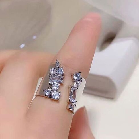 Silver Tone Wide Band Ring for Men Women, Asymmetric Cubic Zirconia Cluster Statement Ring, Adjustable Open Band Street Fashion Jewelry in Saudi Arabia