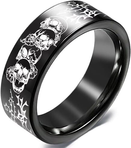 8mm Stainless Steel Skull Rose Ring for Men Women, Gothic Skeleton Flower Band, Wedding Band Promise Anniversary Jewelry,Polished Black Silver Fashion Ring Size 6-13 in Saudi Arabia