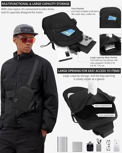 Peicees Pack of 2 Small Anti-theft Sling Bag for Men Women Waterproof Mini Crossbody Backpack Chest Bag Travel Passport Phone Holder, Grey and Black in Saudi Arabia