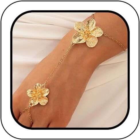 Chunky Gold Hibiscus Flower Hand Chain Bracelet for Women Trendy, Y2k Aesthetics Floral Long Bracelets Ring Fashion Statement Jewelry Valentine Gifts in Saudi Arabia