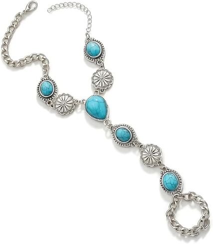 ASIJUNTYECHO Ring Bracelet Hand Chain, Western Bracelets for Women, Chain Rings for Women, Silver Tone Turquoise Vintage Cowgirl Hand Chain, Western Festival Party Jewelry in Saudi Arabia