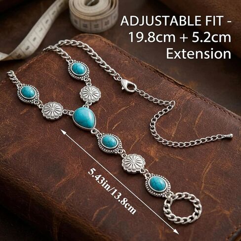 ASIJUNTYECHO Ring Bracelet Hand Chain, Western Bracelets for Women, Chain Rings for Women, Silver Tone Turquoise Vintage Cowgirl Hand Chain, Western Festival Party Jewelry in Saudi Arabia