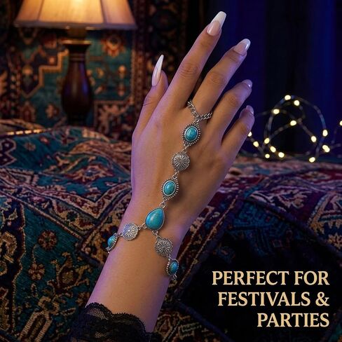 ASIJUNTYECHO Ring Bracelet Hand Chain, Western Bracelets for Women, Chain Rings for Women, Silver Tone Turquoise Vintage Cowgirl Hand Chain, Western Festival Party Jewelry in Saudi Arabia