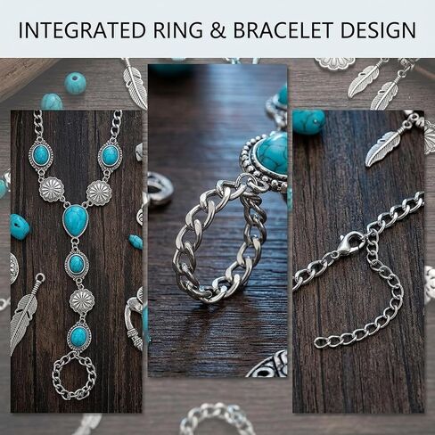 ASIJUNTYECHO Ring Bracelet Hand Chain, Western Bracelets for Women, Chain Rings for Women, Silver Tone Turquoise Vintage Cowgirl Hand Chain, Western Festival Party Jewelry in Saudi Arabia