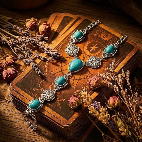 ASIJUNTYECHO Ring Bracelet Hand Chain, Western Bracelets for Women, Chain Rings for Women, Silver Tone Turquoise Vintage Cowgirl Hand Chain, Western Festival Party Jewelry in Saudi Arabia