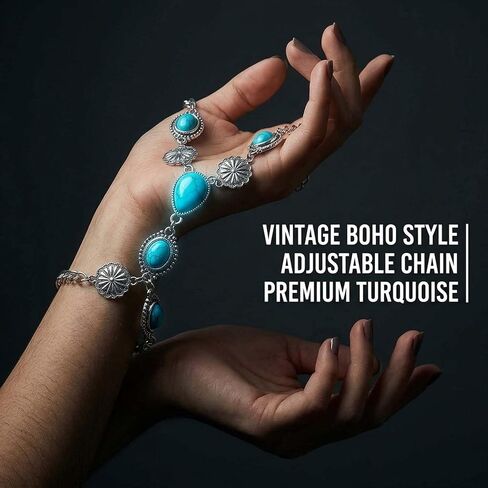 ASIJUNTYECHO Ring Bracelet Hand Chain, Western Bracelets for Women, Chain Rings for Women, Silver Tone Turquoise Vintage Cowgirl Hand Chain, Western Festival Party Jewelry in Saudi Arabia