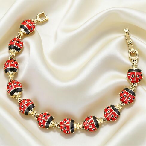 Beetle Bracelet for Women Gold Plated Dainty Cute Red Black Enamel Ladybug Animal Tennis Bracelets Sweet Fine Party Holiday Jewelry for Her 7.48inch in Saudi Arabia
