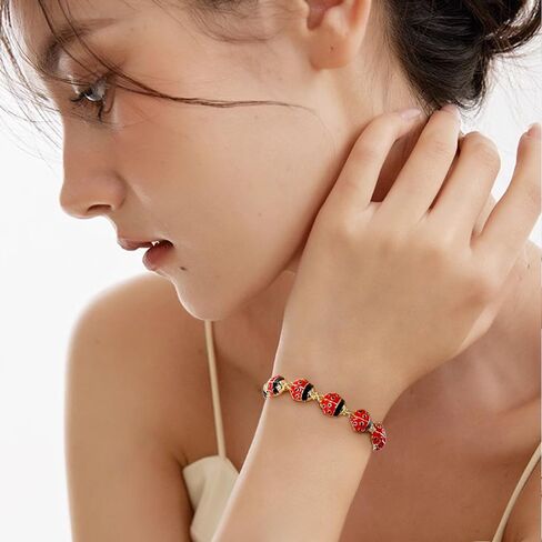 Beetle Bracelet for Women Gold Plated Dainty Cute Red Black Enamel Ladybug Animal Tennis Bracelets Sweet Fine Party Holiday Jewelry for Her 7.48inch in Saudi Arabia
