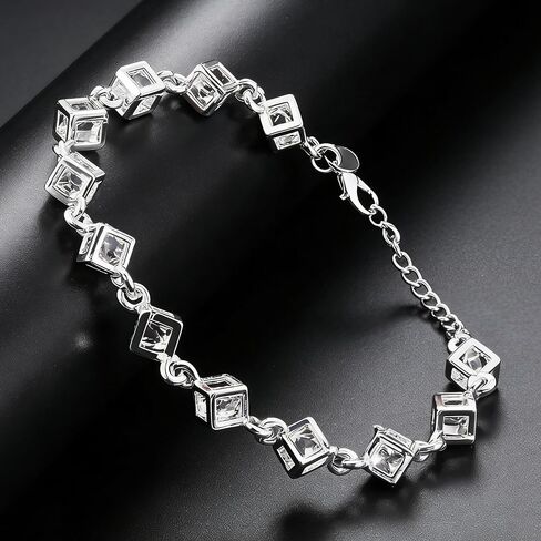 Silver Cubic Crystal Chain Bracelet for Women, S925 Adjustable Tennis-Inspired Crystal Bracelet, Versatile for Parties, Dates, Daily Commutes and Casual Vacations in Saudi Arabia