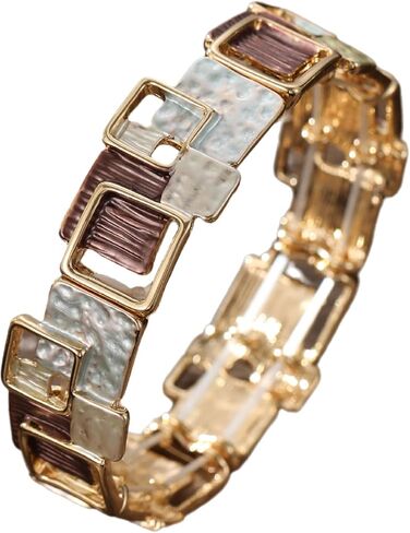Geometric Square Enamel Bracelets for Women, Trendy Zinc Alloy Minimalist Retro Vintage Jewelry, Khaki Brown White Gold Tone Drip Oil Design Daily Wear Vacation Party Gift in Saudi Arabia