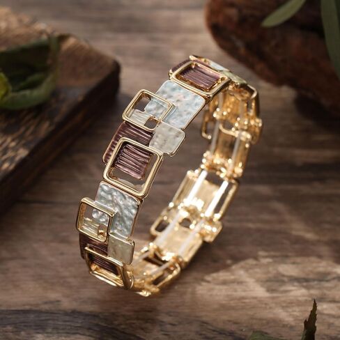 Geometric Square Enamel Bracelets for Women, Trendy Zinc Alloy Minimalist Retro Vintage Jewelry, Khaki Brown White Gold Tone Drip Oil Design Daily Wear Vacation Party Gift in Saudi Arabia
