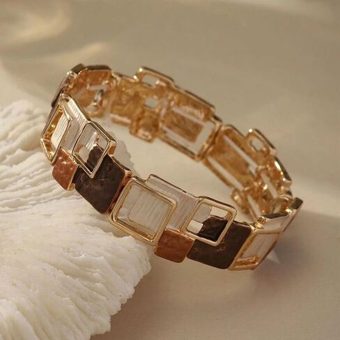 Geometric Square Enamel Bracelets for Women, Trendy Zinc Alloy Minimalist Retro Vintage Jewelry, Khaki Brown White Gold Tone Drip Oil Design Daily Wear Vacation Party Gift in Saudi Arabia