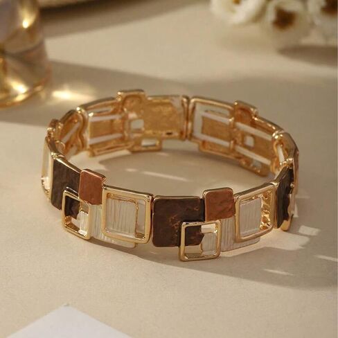 Geometric Square Enamel Bracelets for Women, Trendy Zinc Alloy Minimalist Retro Vintage Jewelry, Khaki Brown White Gold Tone Drip Oil Design Daily Wear Vacation Party Gift in Saudi Arabia