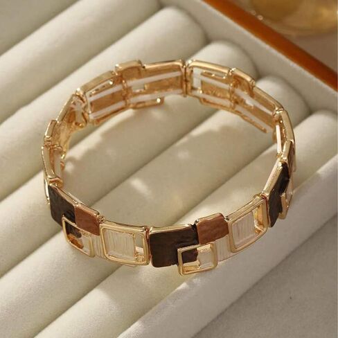 Geometric Square Enamel Bracelets for Women, Trendy Zinc Alloy Minimalist Retro Vintage Jewelry, Khaki Brown White Gold Tone Drip Oil Design Daily Wear Vacation Party Gift in Saudi Arabia