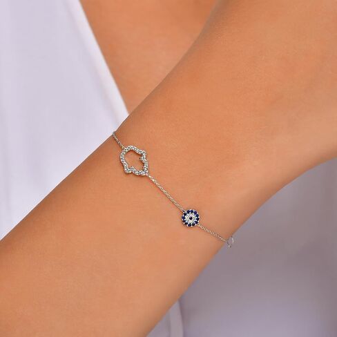 MYSTIC JEWELS 925 Sterling Silver Hamsa Hand of Fatima Evil Eye Bracelet, 6 + 1.2 inches, CZ Stones in Saudi Arabia