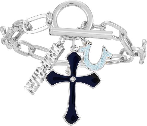 True Religion Silvertone Blue Cross Horseshoe Link Toggle Bracelet in Saudi Arabia