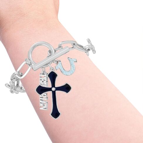 True Religion Silvertone Blue Cross Horseshoe Link Toggle Bracelet in Saudi Arabia