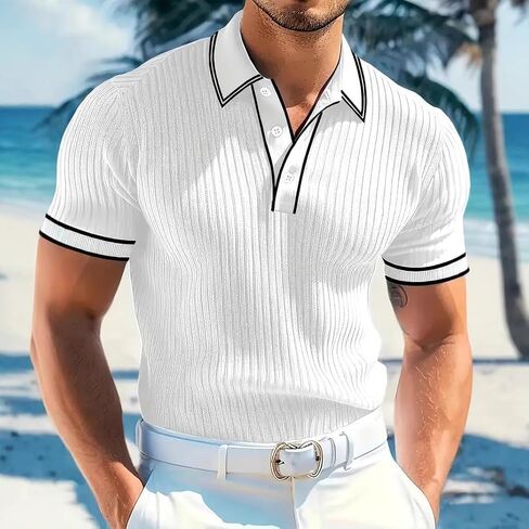 Men's Ribbed Knit Short Sleeve Polo Shirt with Contrast Trim, Ideal for Beach and Casual Wear in Saudi Arabia