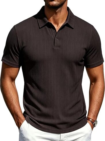 Mens Polo Shirts Textured Knit Button Short Sleeve Casual Summer Vacation Ribbed Stretchy Golf Shirts in Saudi Arabia