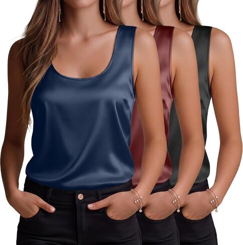 3 Pack Women's Silk Satin Tank Tops Sleeveless Scoop Neck Camisole Summer Lightweight Blouses Dressy Casual Shirts in Saudi Arabia