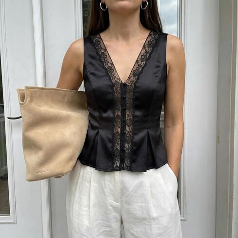 Women’s Satin Lace Trim Top, Sleeveless V Neck Fitted Blouse with Lace Panel and Tie Back in Kuwait