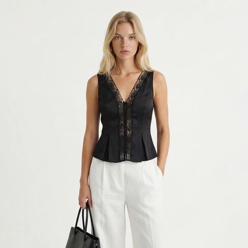 Women’s Satin Lace Trim Top, Sleeveless V Neck Fitted Blouse with Lace Panel and Tie Back in Kuwait
