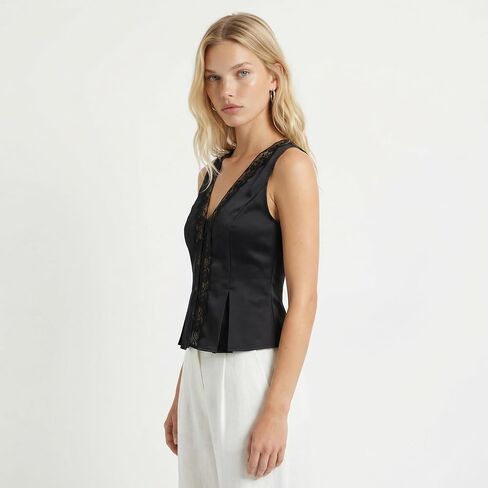 Women’s Satin Lace Trim Top, Sleeveless V Neck Fitted Blouse with Lace Panel and Tie Back in Kuwait