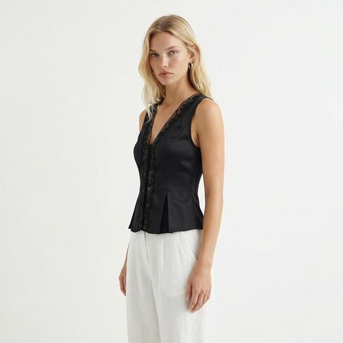 Women’s Satin Lace Trim Top, Sleeveless V Neck Fitted Blouse with Lace Panel and Tie Back in Kuwait