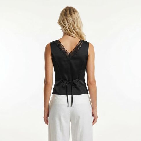 Women’s Satin Lace Trim Top, Sleeveless V Neck Fitted Blouse with Lace Panel and Tie Back in Kuwait