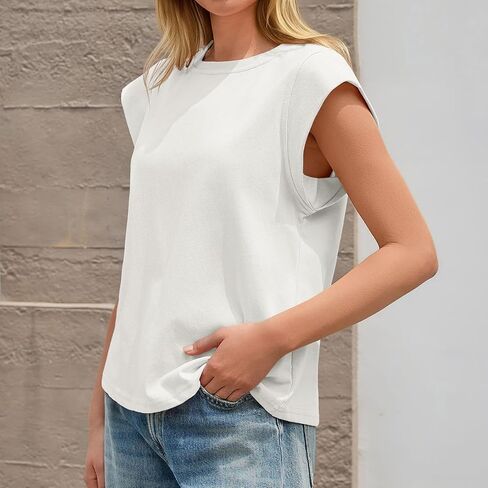 Tankaneo Womens Summer Cap Sleeve Tank Tops Trendy Casual Sleeveless Shirts Crew Neck Loose Fit Boxy Tees in Kuwait