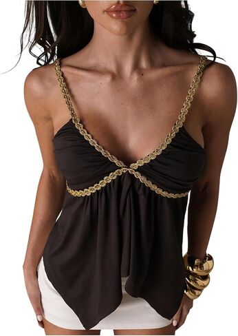 RoseSeek Women's V Neck Spaghetti Strap Cami Ruffle Top Asymmetrical Ruched Peplum Going Out Tops in Kuwait