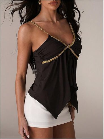 RoseSeek Women's V Neck Spaghetti Strap Cami Ruffle Top Asymmetrical Ruched Peplum Going Out Tops in Kuwait