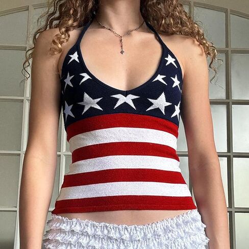 Women's American Flag Tank Tops 4th of July Sleeveless Halter Neck Flag Pattern Vest Patriotic Cami Tops Going Out in Kuwait