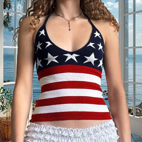 Women's American Flag Tank Tops 4th of July Sleeveless Halter Neck Flag Pattern Vest Patriotic Cami Tops Going Out in Kuwait