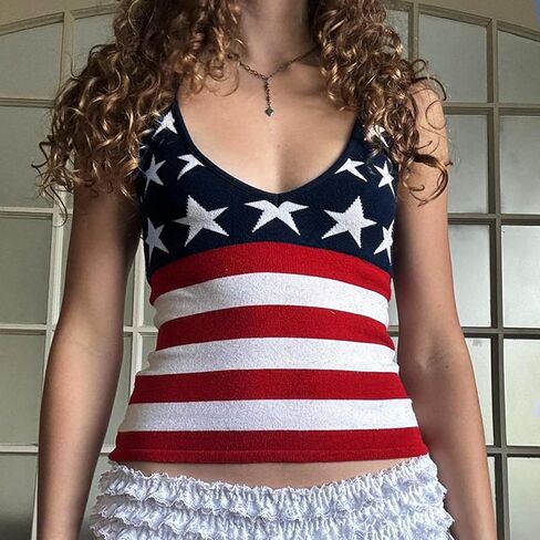 Women's American Flag Tank Tops 4th of July Sleeveless Halter Neck Flag Pattern Vest Patriotic Cami Tops Going Out in Kuwait