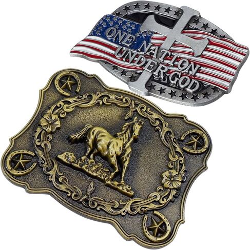 rnuie Western Cowboy Belt Buckle for Men(2 Pieces),Vintage Metal Horse Belt Buckle and American Flag Cross Belt Buckle (Brass Running Horse) in Saudi Arabia