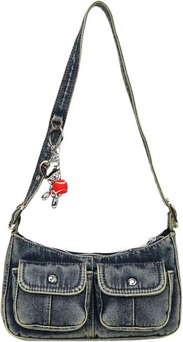 Y2k Vintage Denim Crossbody Bag for Women, Adjustable Strap Small Hobo Purse with Zipper Closure,Multiple Pockets Handbag in Kuwait