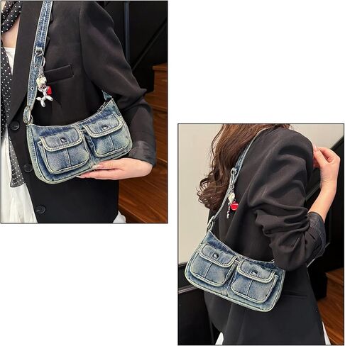 Y2k Vintage Denim Crossbody Bag for Women, Adjustable Strap Small Hobo Purse with Zipper Closure,Multiple Pockets Handbag in Kuwait