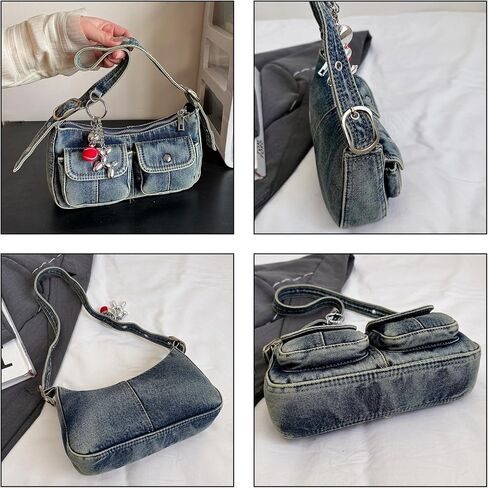 Y2k Vintage Denim Crossbody Bag for Women, Adjustable Strap Small Hobo Purse with Zipper Closure,Multiple Pockets Handbag in Kuwait