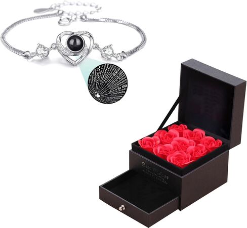 Preserved Red Rose with I Love You in 100 Languages Bracelet Projection Heart Bracelet Gifts for Women Wife Girlfriend Mom on Birthday Valentines Mothers’ Day in Kuwait