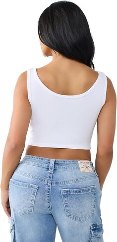 قميص بدون أكمام للسيدات من True Religion - قميص علوي من القماش المطاطي الناعم، نسيج مضلع، مقاس جذاب in Kuwait