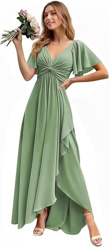 Pleated Bridesmaid Dresses 2026 Long Short Sleeves V Neck Formal Prom Dress Slit A Line Evening Gowns in Saudi Arabia