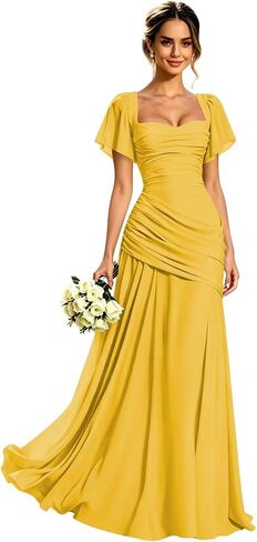 Long Chiffon Bridesmaid Dresses for Women Square Neck Pleated Wedding Guest Dresses Floor Length in Saudi Arabia