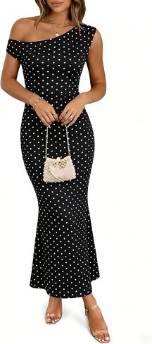 BISUAL Polka Dot Dress for Women Black and White One Shoulder Sleeveless Slim Fit Maxi Dress Beach Vacation Long Sundresses in Saudi Arabia