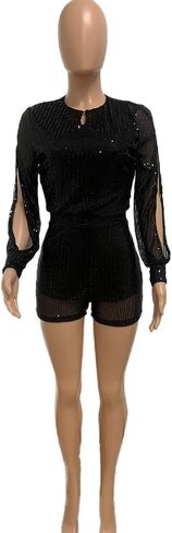 Aelidiya Women's Sequin Romper Jumpsuits Clubwear Sparkly Shorts Jumpsuit Split Long Sleeve Disco Rave One Piece Outfits in Saudi Arabia