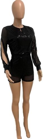 Aelidiya Women's Sequin Romper Jumpsuits Clubwear Sparkly Shorts Jumpsuit Split Long Sleeve Disco Rave One Piece Outfits in Saudi Arabia