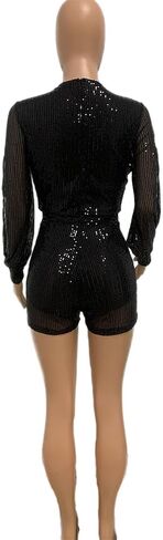 Aelidiya Women's Sequin Romper Jumpsuits Clubwear Sparkly Shorts Jumpsuit Split Long Sleeve Disco Rave One Piece Outfits in Saudi Arabia
