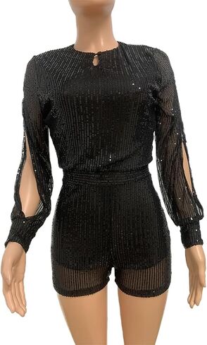 Aelidiya Women's Sequin Romper Jumpsuits Clubwear Sparkly Shorts Jumpsuit Split Long Sleeve Disco Rave One Piece Outfits in Saudi Arabia