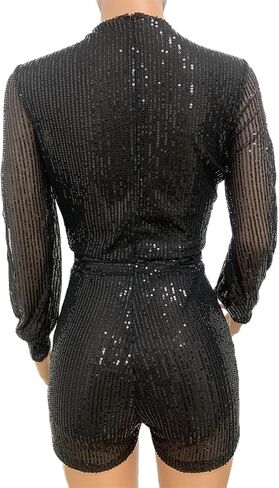 Aelidiya Women's Sequin Romper Jumpsuits Clubwear Sparkly Shorts Jumpsuit Split Long Sleeve Disco Rave One Piece Outfits in Saudi Arabia